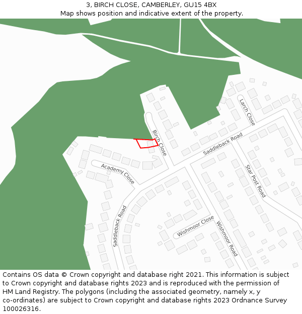 3, BIRCH CLOSE, CAMBERLEY, GU15 4BX: Location map and indicative extent of plot