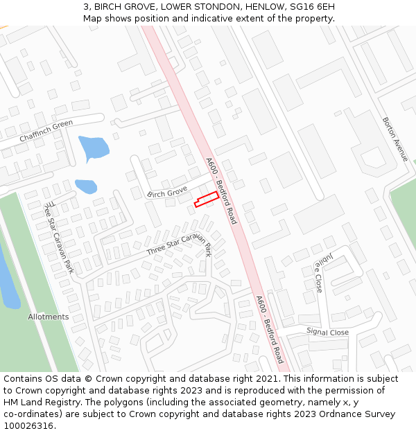 3, BIRCH GROVE, LOWER STONDON, HENLOW, SG16 6EH: Location map and indicative extent of plot