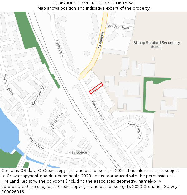 3, BISHOPS DRIVE, KETTERING, NN15 6AJ: Location map and indicative extent of plot