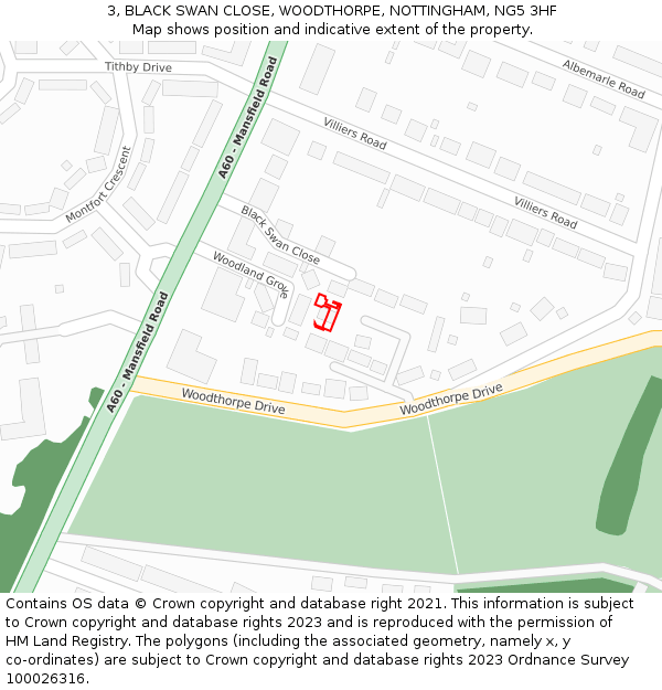 3, BLACK SWAN CLOSE, WOODTHORPE, NOTTINGHAM, NG5 3HF: Location map and indicative extent of plot