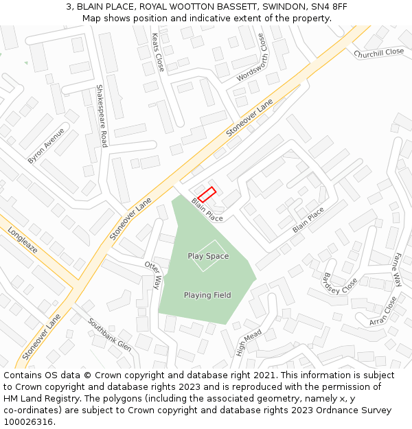 3, BLAIN PLACE, ROYAL WOOTTON BASSETT, SWINDON, SN4 8FF: Location map and indicative extent of plot