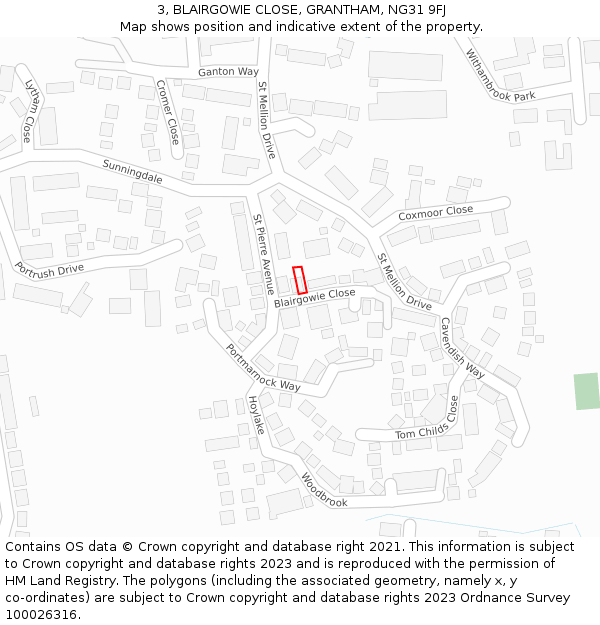 3, BLAIRGOWIE CLOSE, GRANTHAM, NG31 9FJ: Location map and indicative extent of plot