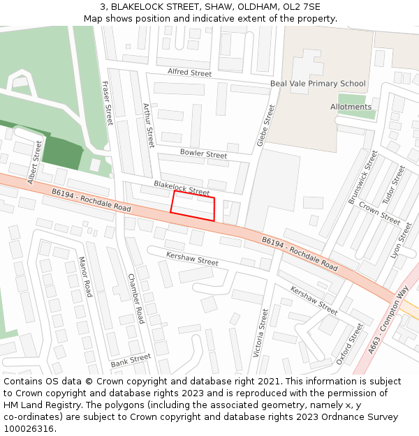 3, BLAKELOCK STREET, SHAW, OLDHAM, OL2 7SE: Location map and indicative extent of plot