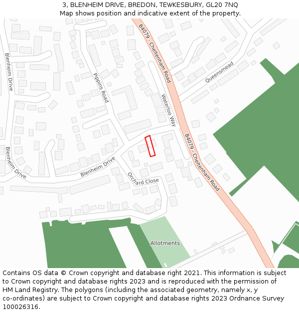 3, BLENHEIM DRIVE, BREDON, TEWKESBURY, GL20 7NQ: Location map and indicative extent of plot