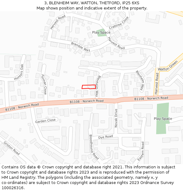 3, BLENHEIM WAY, WATTON, THETFORD, IP25 6XS: Location map and indicative extent of plot