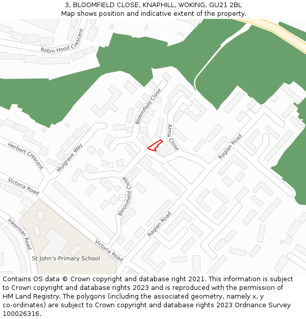 3, BLOOMFIELD CLOSE, KNAPHILL, WOKING, GU21 2BL: Location map and indicative extent of plot
