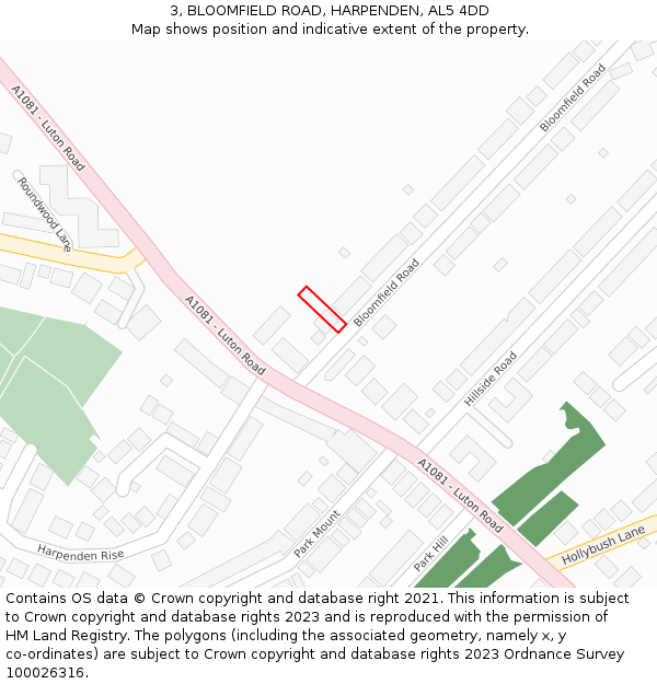 3, BLOOMFIELD ROAD, HARPENDEN, AL5 4DD: Location map and indicative extent of plot