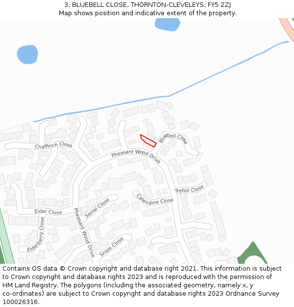 3, BLUEBELL CLOSE, THORNTON-CLEVELEYS, FY5 2ZJ: Location map and indicative extent of plot