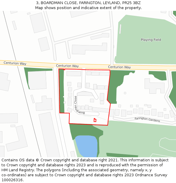 3, BOARDMAN CLOSE, FARINGTON, LEYLAND, PR25 3BZ: Location map and indicative extent of plot