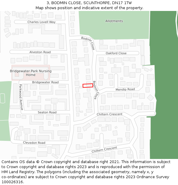 3, BODMIN CLOSE, SCUNTHORPE, DN17 1TW: Location map and indicative extent of plot
