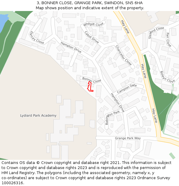 3, BONNER CLOSE, GRANGE PARK, SWINDON, SN5 6HA: Location map and indicative extent of plot