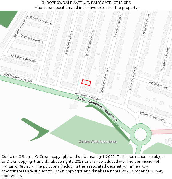 3, BORROWDALE AVENUE, RAMSGATE, CT11 0PS: Location map and indicative extent of plot