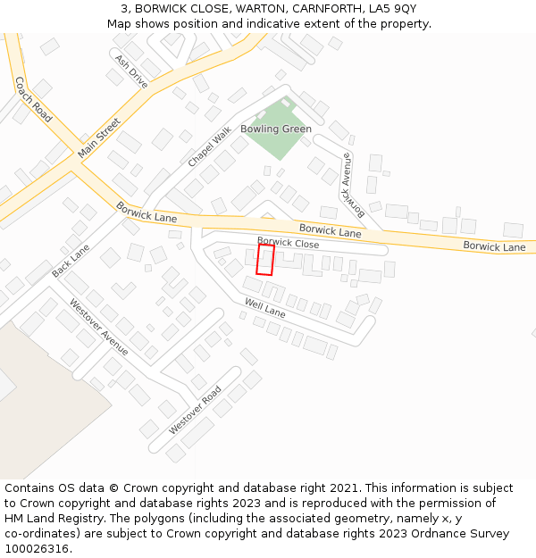 3, BORWICK CLOSE, WARTON, CARNFORTH, LA5 9QY: Location map and indicative extent of plot