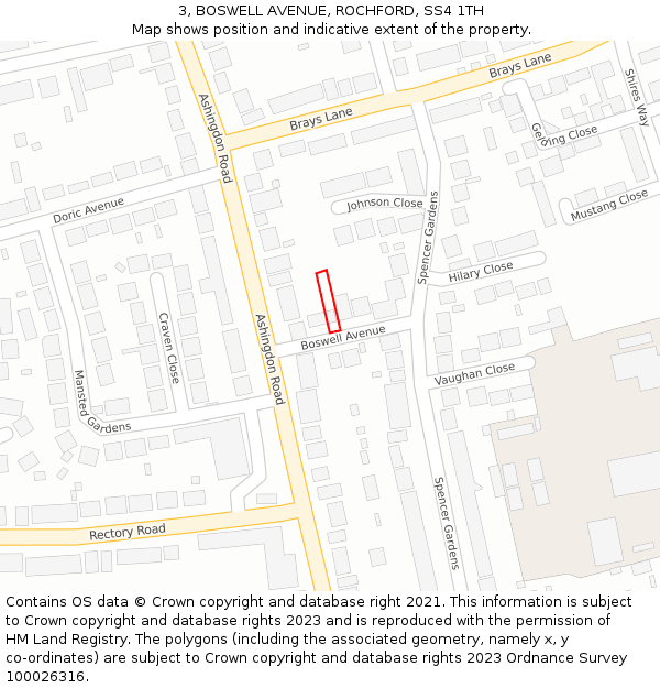 3, BOSWELL AVENUE, ROCHFORD, SS4 1TH: Location map and indicative extent of plot