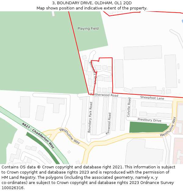 3, BOUNDARY DRIVE, OLDHAM, OL1 2QD: Location map and indicative extent of plot