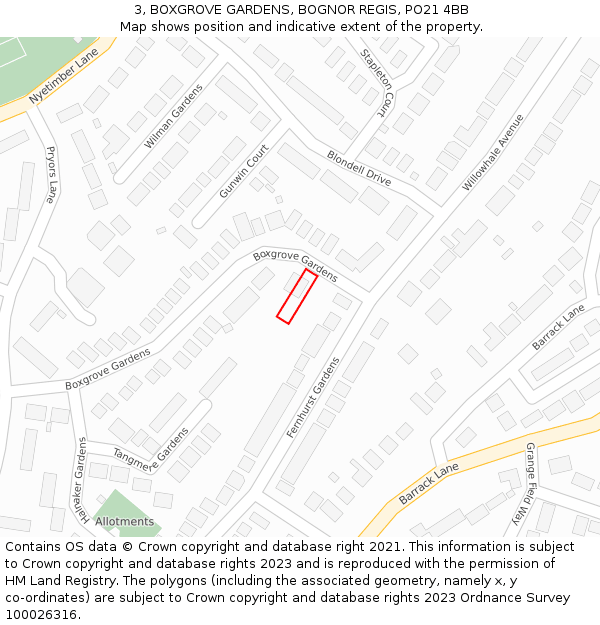 3, BOXGROVE GARDENS, BOGNOR REGIS, PO21 4BB: Location map and indicative extent of plot