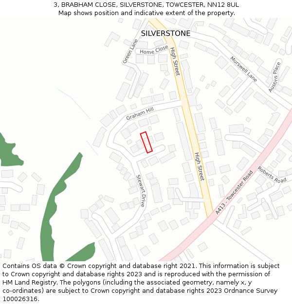 3, BRABHAM CLOSE, SILVERSTONE, TOWCESTER, NN12 8UL: Location map and indicative extent of plot