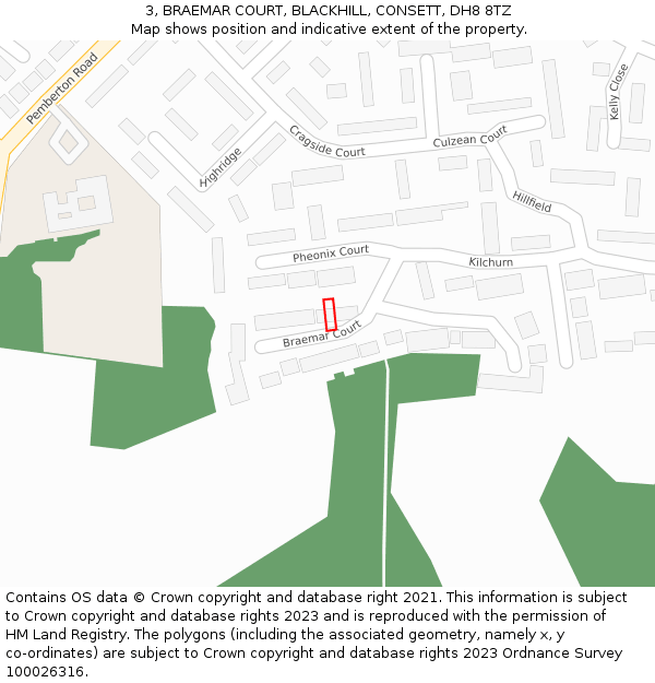 3, BRAEMAR COURT, BLACKHILL, CONSETT, DH8 8TZ: Location map and indicative extent of plot