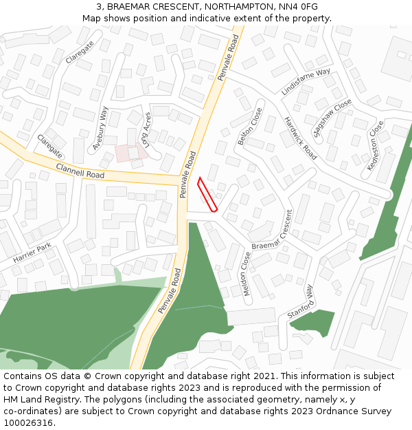 3, BRAEMAR CRESCENT, NORTHAMPTON, NN4 0FG: Location map and indicative extent of plot