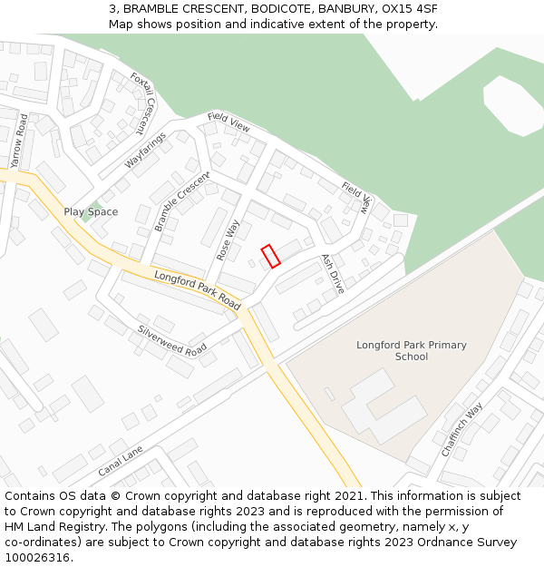 3, BRAMBLE CRESCENT, BODICOTE, BANBURY, OX15 4SF: Location map and indicative extent of plot