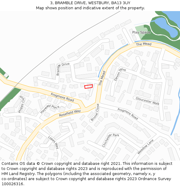 3, BRAMBLE DRIVE, WESTBURY, BA13 3UY: Location map and indicative extent of plot