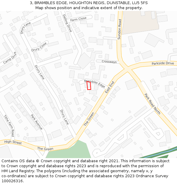 3, BRAMBLES EDGE, HOUGHTON REGIS, DUNSTABLE, LU5 5FS: Location map and indicative extent of plot