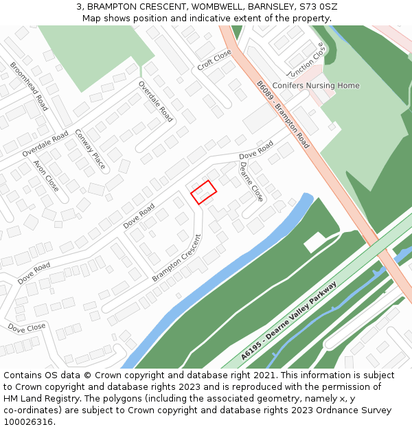 3, BRAMPTON CRESCENT, WOMBWELL, BARNSLEY, S73 0SZ: Location map and indicative extent of plot
