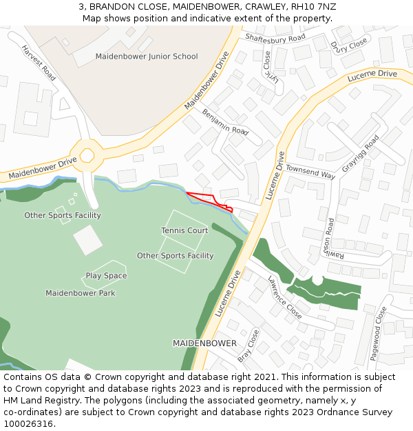 3, BRANDON CLOSE, MAIDENBOWER, CRAWLEY, RH10 7NZ: Location map and indicative extent of plot