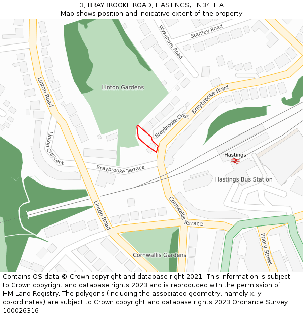 3, BRAYBROOKE ROAD, HASTINGS, TN34 1TA: Location map and indicative extent of plot