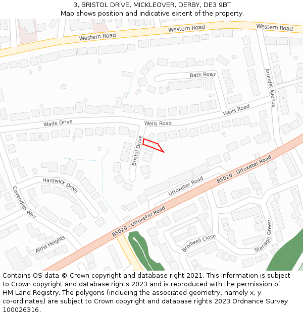 3, BRISTOL DRIVE, MICKLEOVER, DERBY, DE3 9BT: Location map and indicative extent of plot
