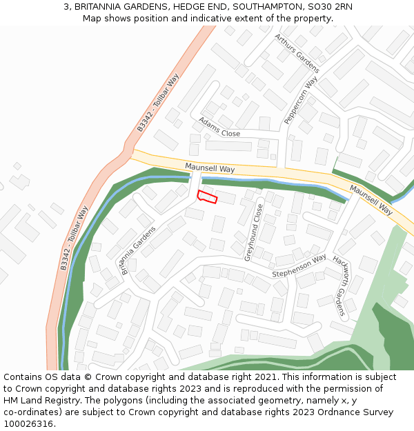 3, BRITANNIA GARDENS, HEDGE END, SOUTHAMPTON, SO30 2RN: Location map and indicative extent of plot