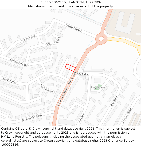 3, BRO EDNYFED, LLANGEFNI, LL77 7WA: Location map and indicative extent of plot