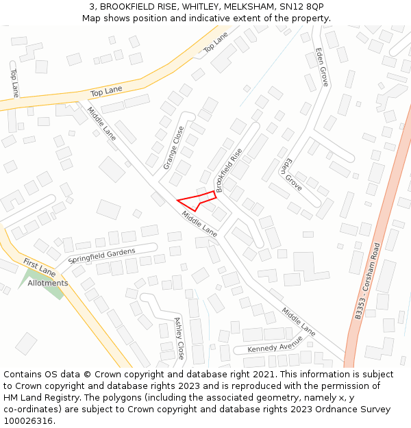 3, BROOKFIELD RISE, WHITLEY, MELKSHAM, SN12 8QP: Location map and indicative extent of plot