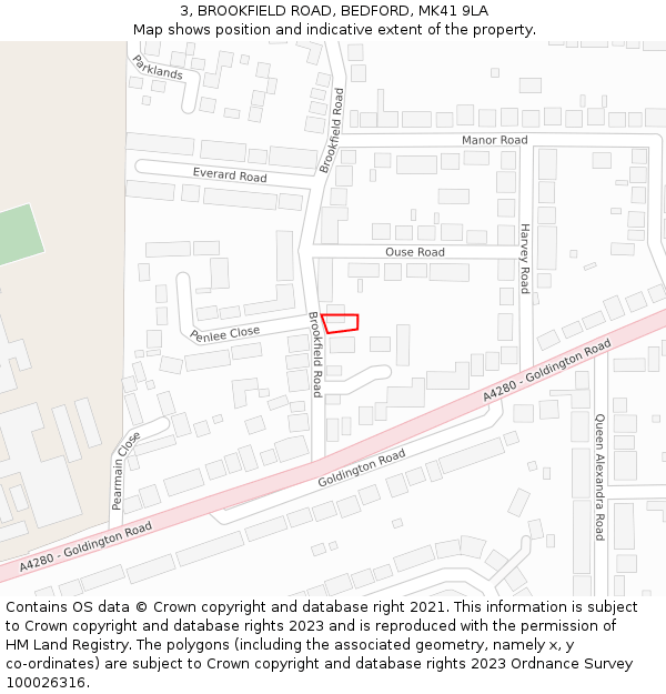 3, BROOKFIELD ROAD, BEDFORD, MK41 9LA: Location map and indicative extent of plot