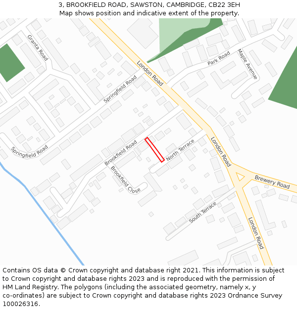 3, BROOKFIELD ROAD, SAWSTON, CAMBRIDGE, CB22 3EH: Location map and indicative extent of plot