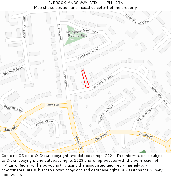 3, BROOKLANDS WAY, REDHILL, RH1 2BN: Location map and indicative extent of plot