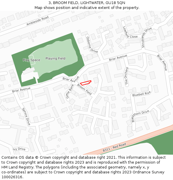 3, BROOM FIELD, LIGHTWATER, GU18 5QN: Location map and indicative extent of plot