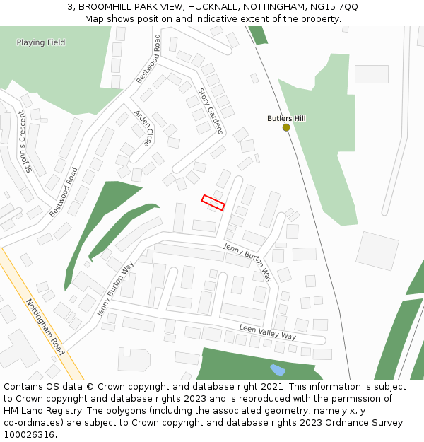 3, BROOMHILL PARK VIEW, HUCKNALL, NOTTINGHAM, NG15 7QQ: Location map and indicative extent of plot