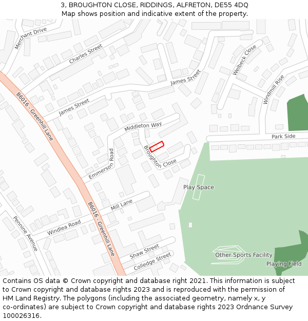 3, BROUGHTON CLOSE, RIDDINGS, ALFRETON, DE55 4DQ: Location map and indicative extent of plot