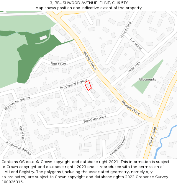 3, BRUSHWOOD AVENUE, FLINT, CH6 5TY: Location map and indicative extent of plot