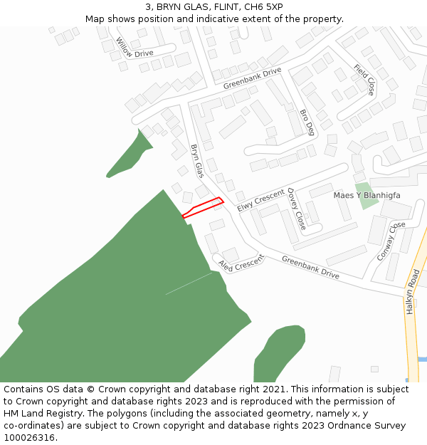 3, BRYN GLAS, FLINT, CH6 5XP: Location map and indicative extent of plot