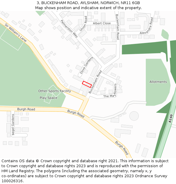 3, BUCKENHAM ROAD, AYLSHAM, NORWICH, NR11 6GB: Location map and indicative extent of plot