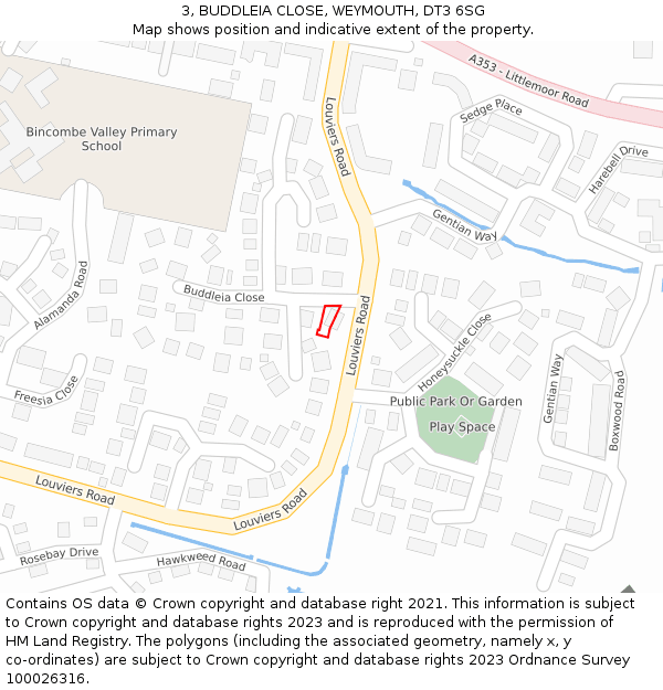 3, BUDDLEIA CLOSE, WEYMOUTH, DT3 6SG: Location map and indicative extent of plot