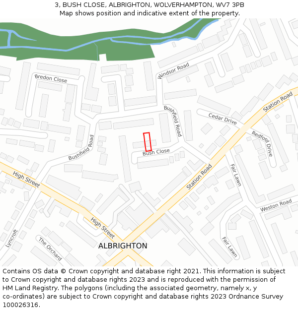 3, BUSH CLOSE, ALBRIGHTON, WOLVERHAMPTON, WV7 3PB: Location map and indicative extent of plot