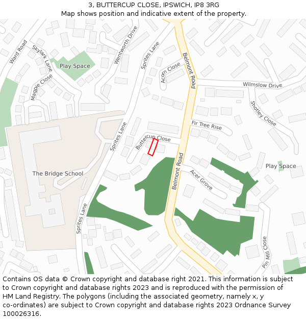 3, BUTTERCUP CLOSE, IPSWICH, IP8 3RG: Location map and indicative extent of plot