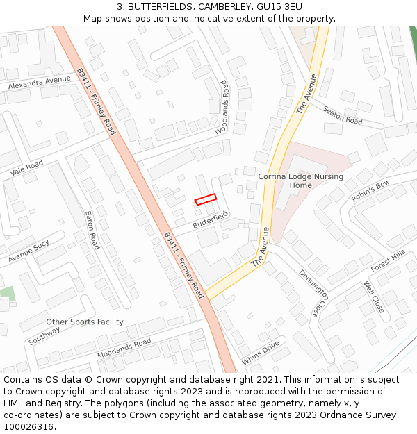 3, BUTTERFIELDS, CAMBERLEY, GU15 3EU: Location map and indicative extent of plot