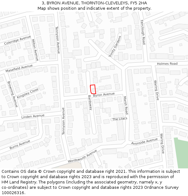3, BYRON AVENUE, THORNTON-CLEVELEYS, FY5 2HA: Location map and indicative extent of plot