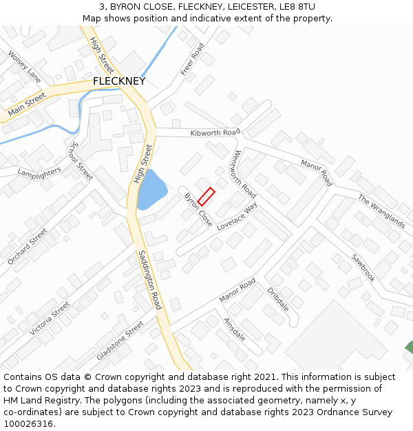 3, BYRON CLOSE, FLECKNEY, LEICESTER, LE8 8TU: Location map and indicative extent of plot