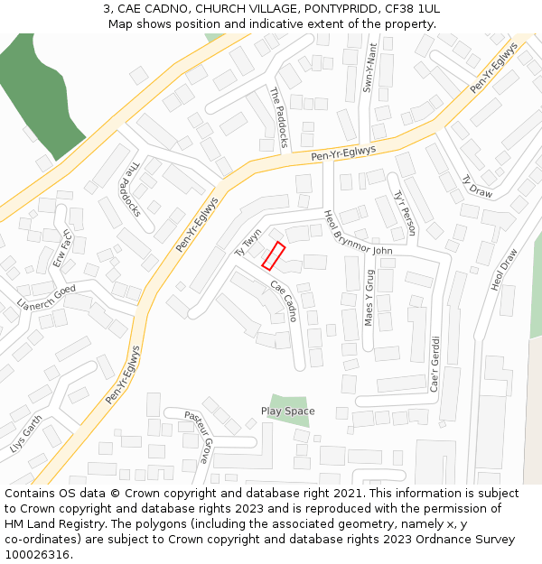 3, CAE CADNO, CHURCH VILLAGE, PONTYPRIDD, CF38 1UL: Location map and indicative extent of plot