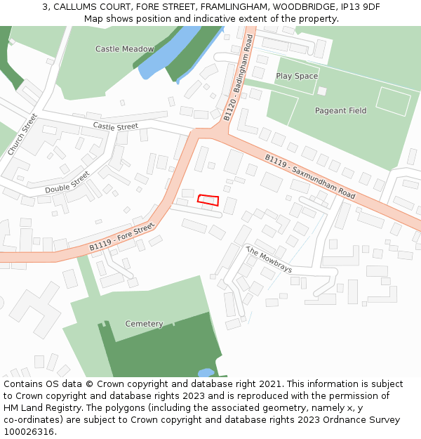 3, CALLUMS COURT, FORE STREET, FRAMLINGHAM, WOODBRIDGE, IP13 9DF: Location map and indicative extent of plot